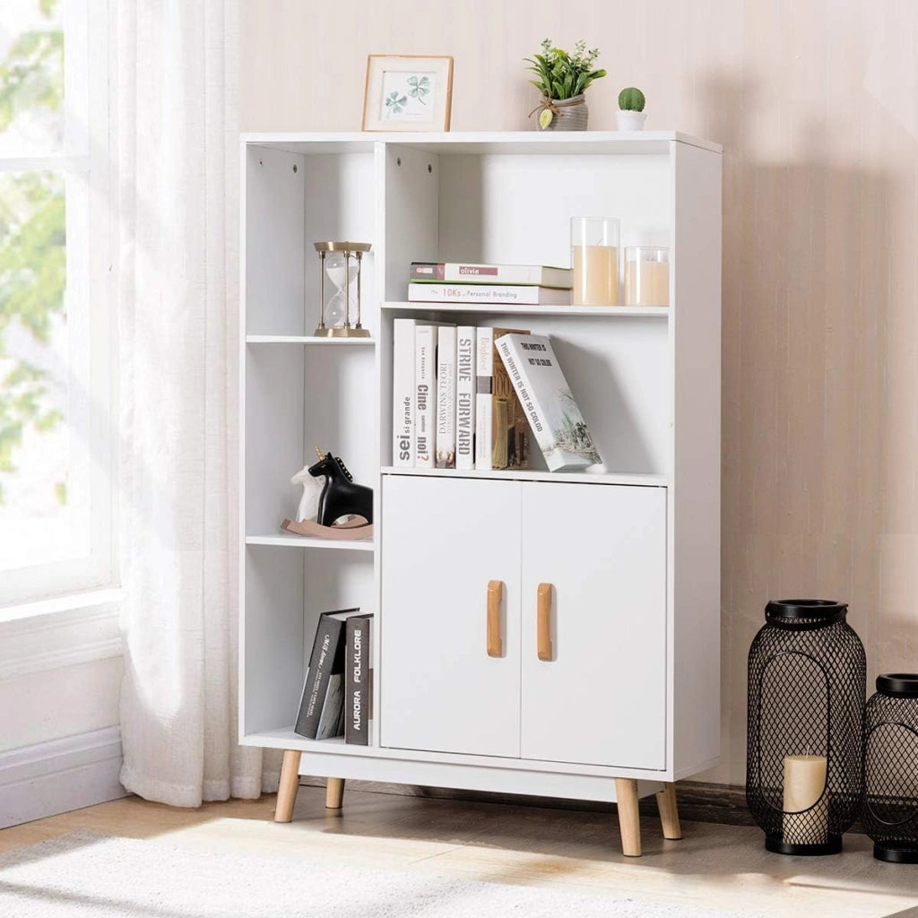 Armadietto Legno Mobile Soggiorno Scaffale Libreria Armadio Mobile, con 5 Scompartimenti, 119x80x24cm, Bianco
