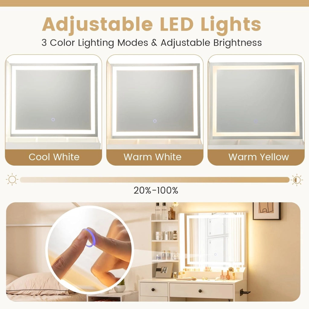 Tavolo da toeletta con sgabello imbottito, specchio HD con luci LED regolabili in 3 colori e luminosità, stazione di ricarica, 3 ripiani, 2 cassetti, tavolo da trucco per camera da letto