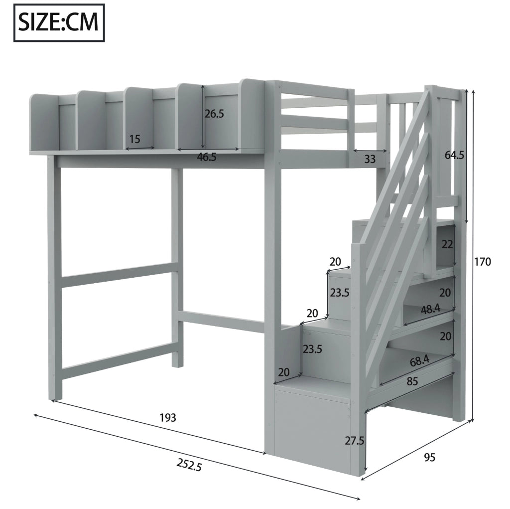 Letto a soppalco 90x200 cm in legno grigio con LED; sponde di sicurezza; ripiani e scala