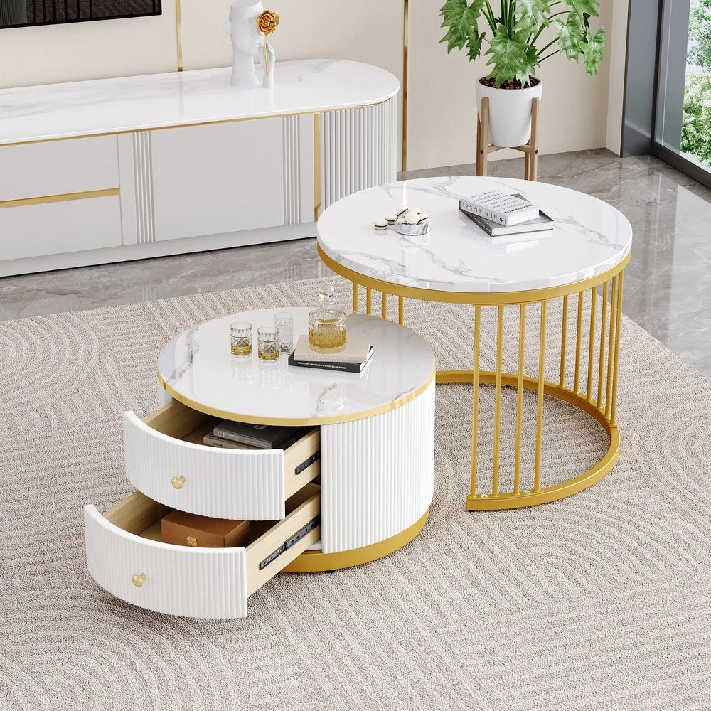 Set 2 Tavolini da Caff¨¨ Rotondi ¨C Xylo ¨C Bianco Lucido Effetto Marmo, 2 Cassetti, 60x60x45 & 50x50x32