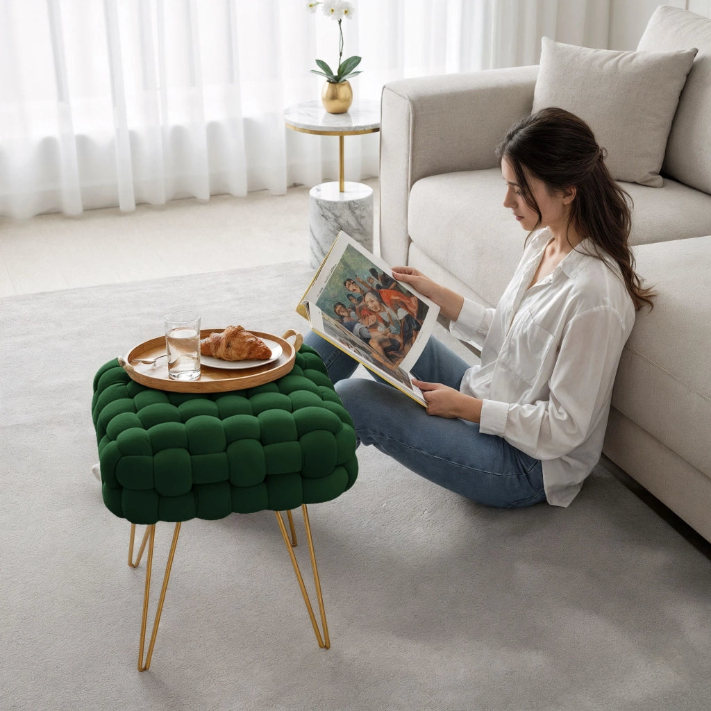 Pouf sgabello in velluto intrecciato 38 cm DOTTY Verde Bottiglia
