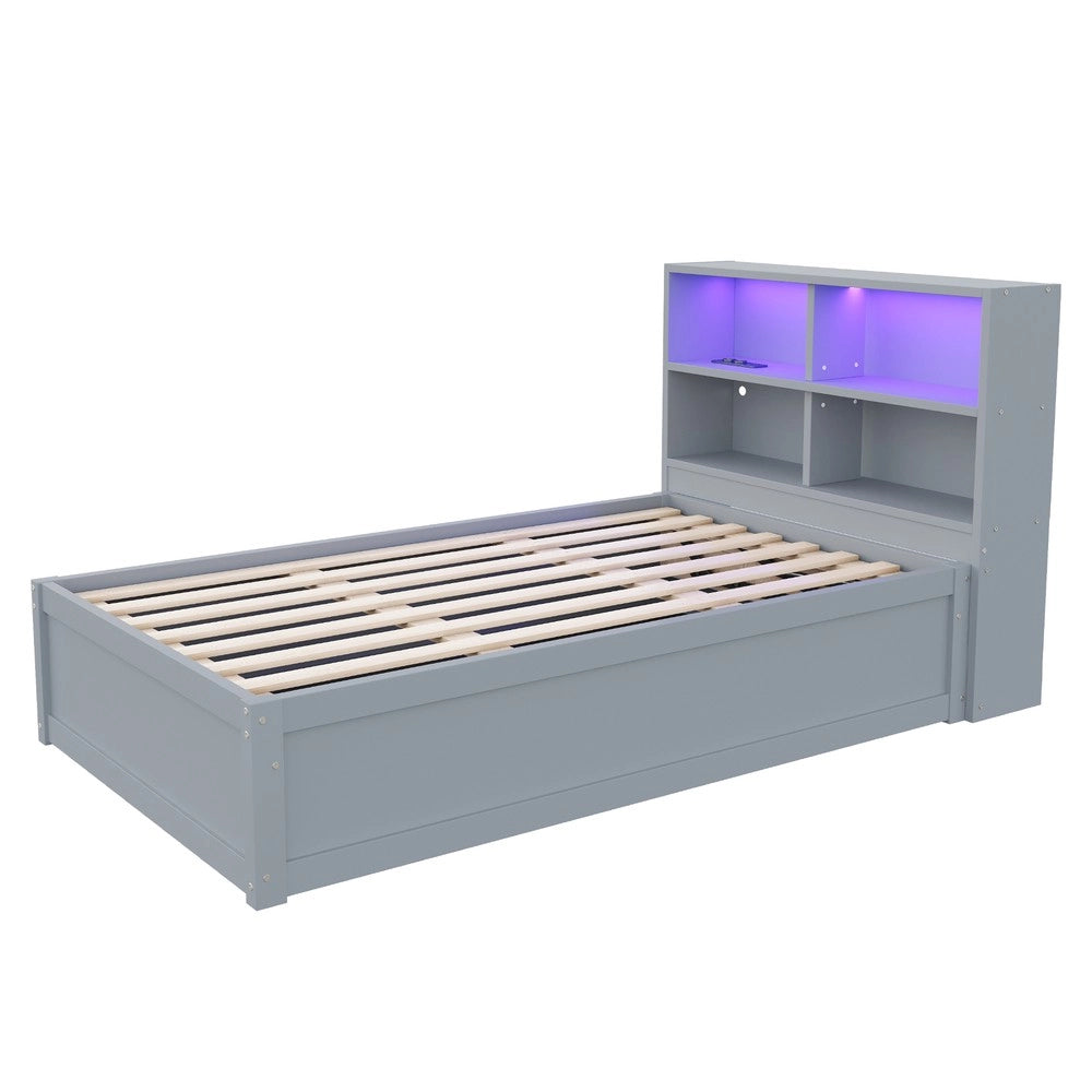 Letto Singolo Contenitore Idraulico in Legno Massello con LED ¨C MINIMAL ¨C Grigio, 90x200, senza materasso