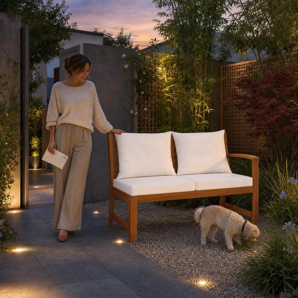 Garden Bench 114.5 Cm With Cream Cushion, Solid Acacia Wood