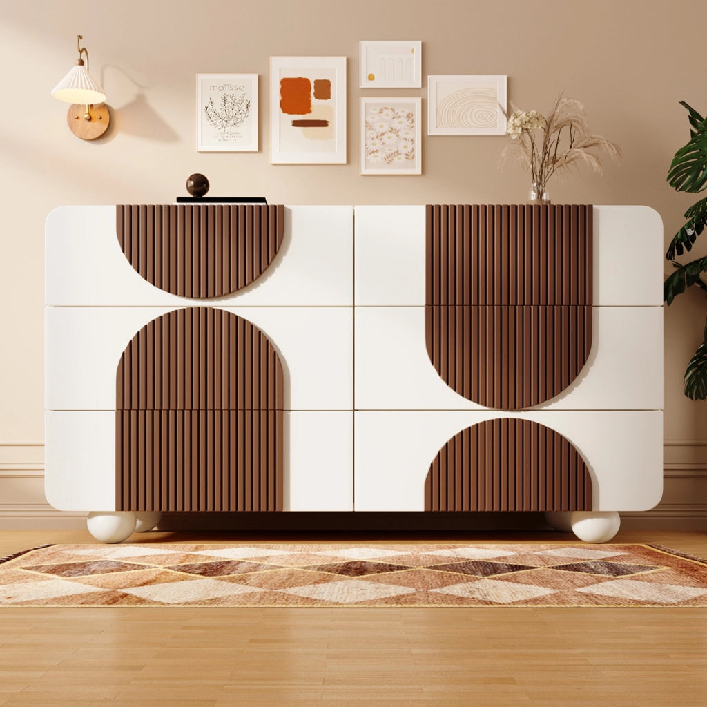 OKWISH Comò con 6 Cassetti e Bordi Curvi, Guide Scorrevoli Silenziose e Dispositivo Antiribaltamento, 121 x 41 x 71 cm