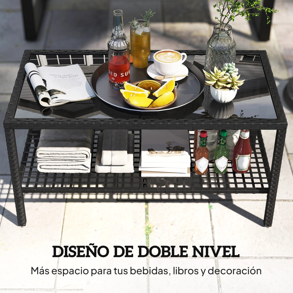 Tavolino da Giardino in Rattan ¨C Xylo ¨C Ripiano in Vetro Temperato Struttura Acciaio Nero 92x50x45 cm