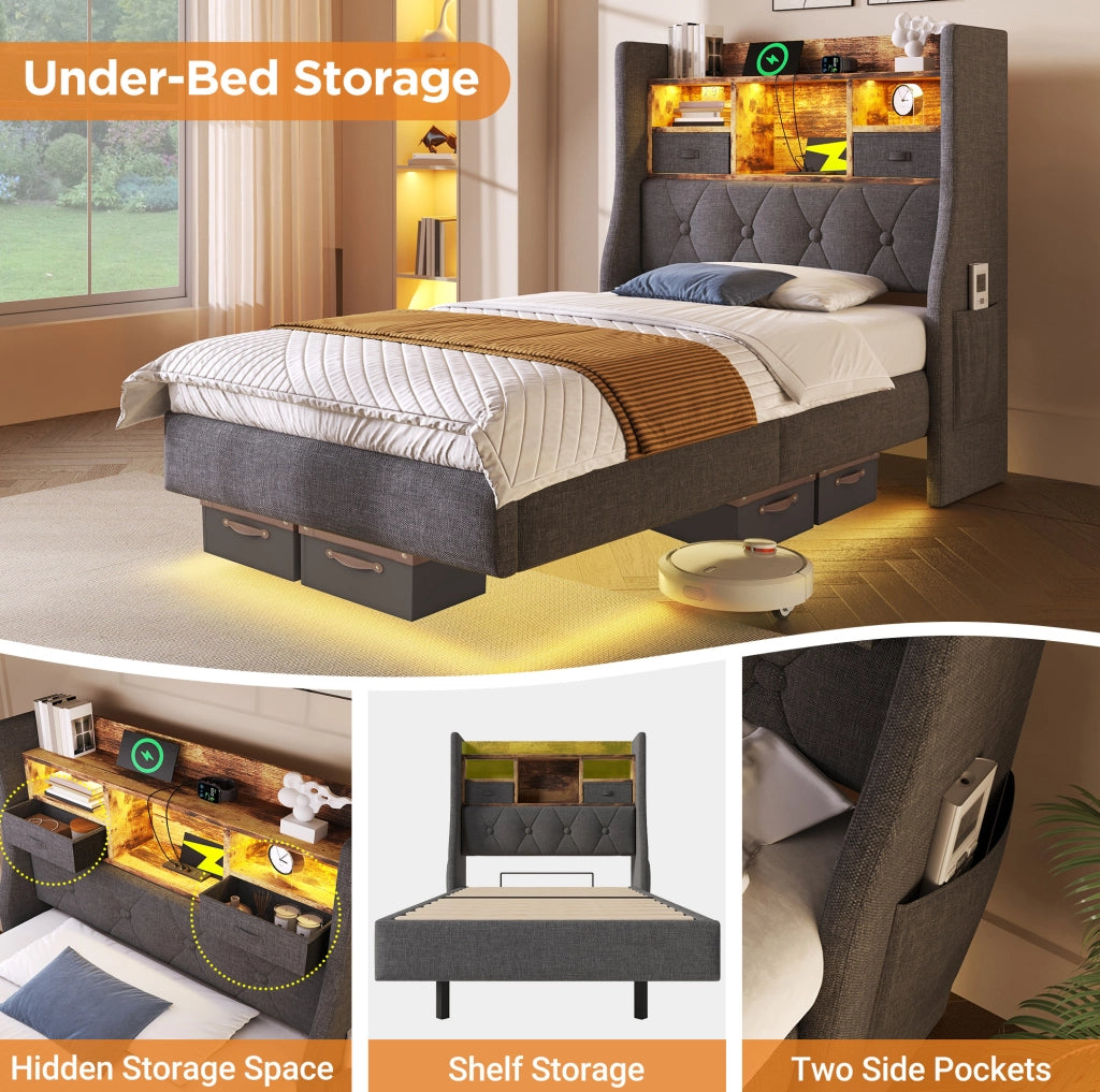 Letto imbottito ULEVR 90x200 cm con LED, 3 USB e Type-C, testiera con ripiani e tasche, lino grigio
