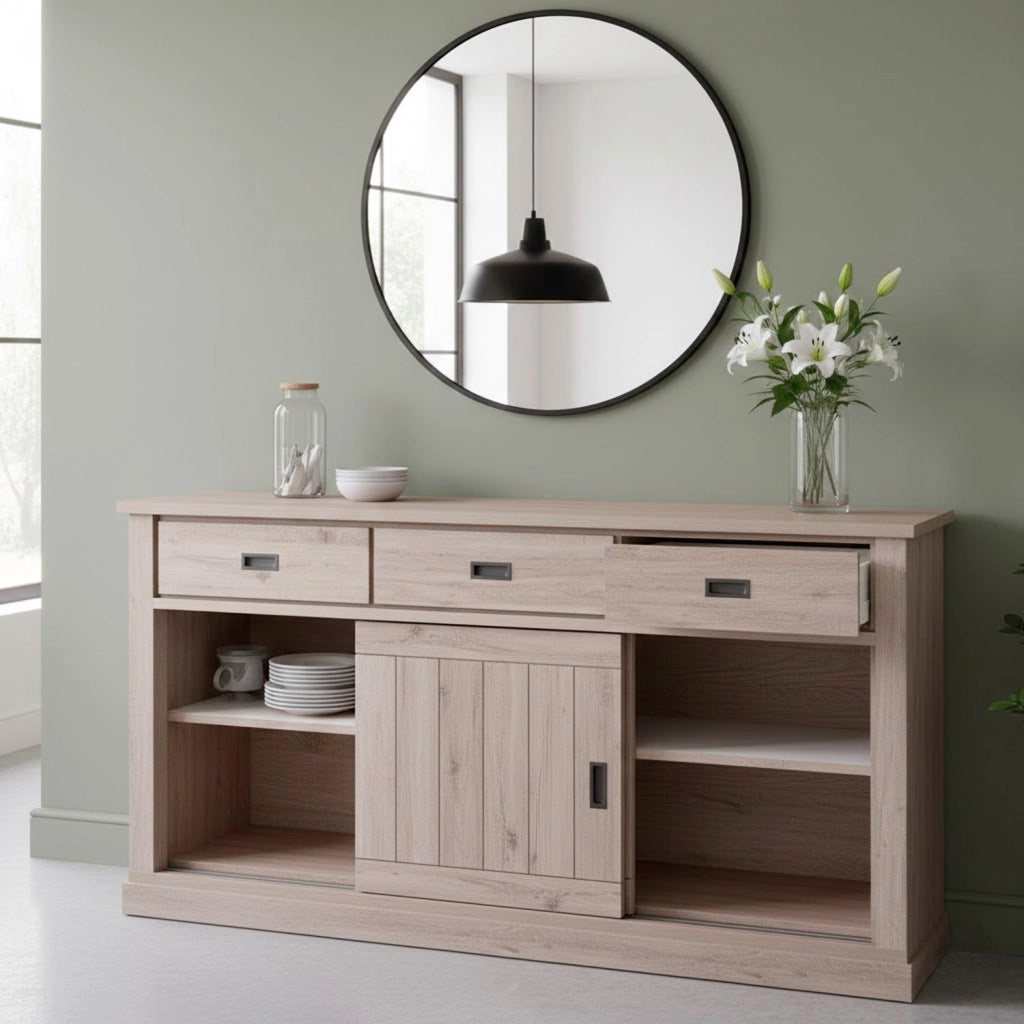 Madia Credenza Con 3 Cassetti 2 Ante Scorrevoli E 4 Ripiani Interni Mobile Dispensa Per Cucina Soggiorno Zona Living Design Classico Moderno 220 X 50 X 95 Cm Rovere Alaska
