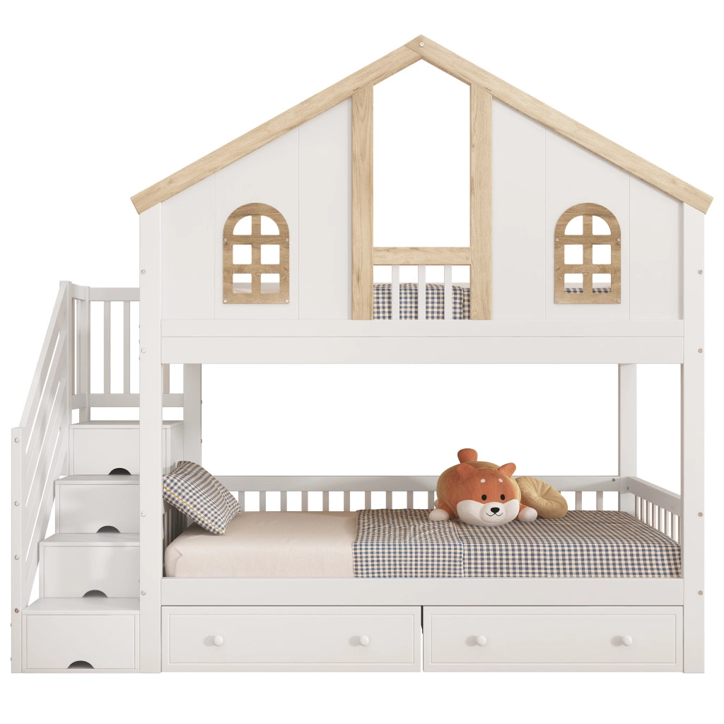 Letto a Castello 90x200 cm; Letto 2 Posti - Finestre; 2 Cassetti; Scala - in Legno Massello e MDF - Bianco e Naturale