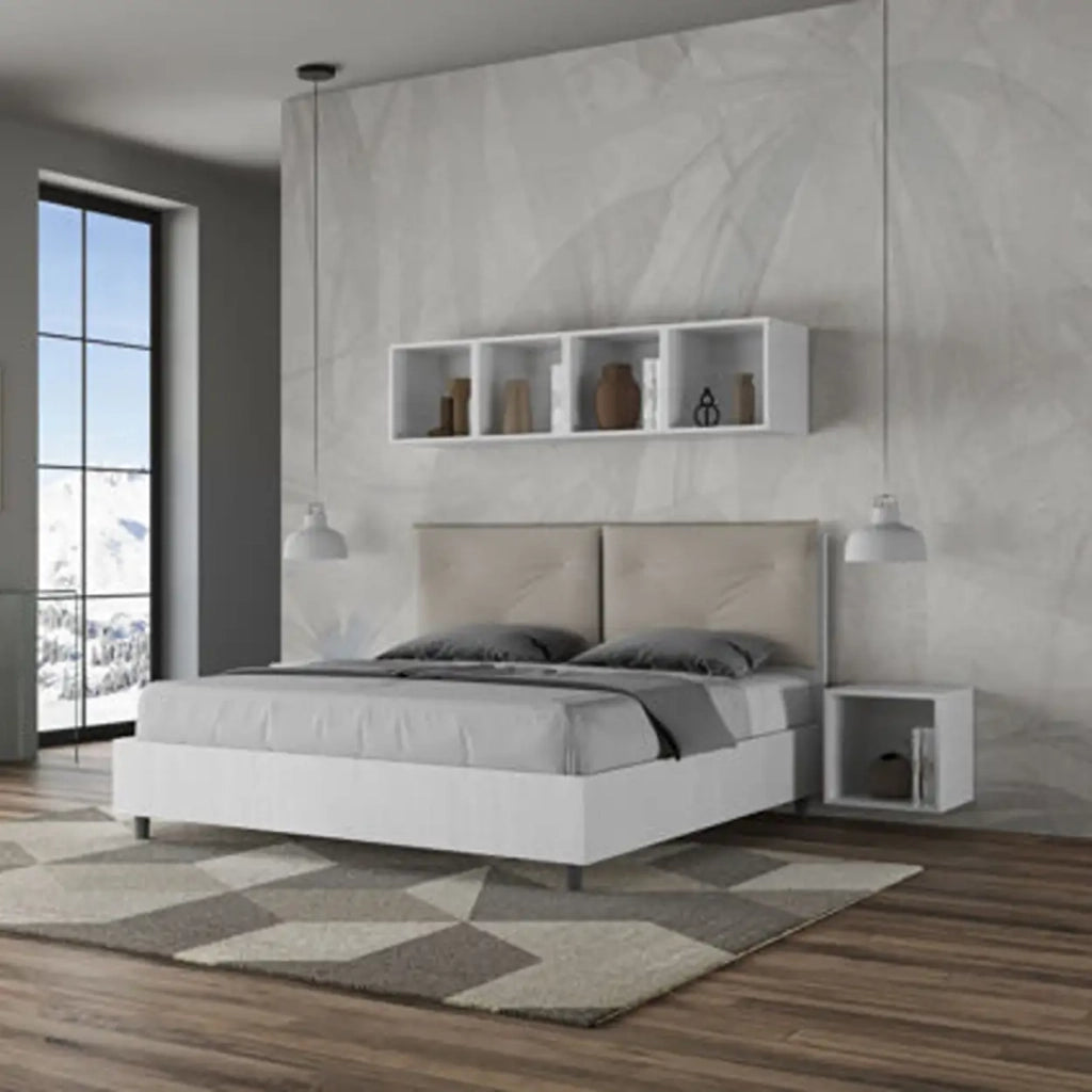 Letto matrimoniale contenitore 160x190 bianco frassino cuscini similpelle tortora Egos Appia