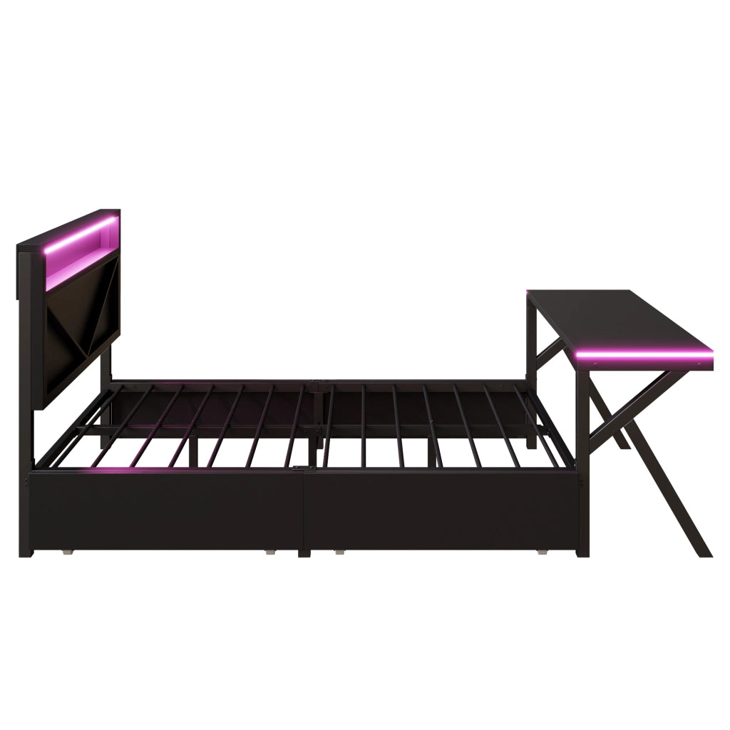 Letto Gaming con LED Testiera e Scrivania, 2 Cassetti ¨C MINIMAL ¨C Metallo Nero 140x200