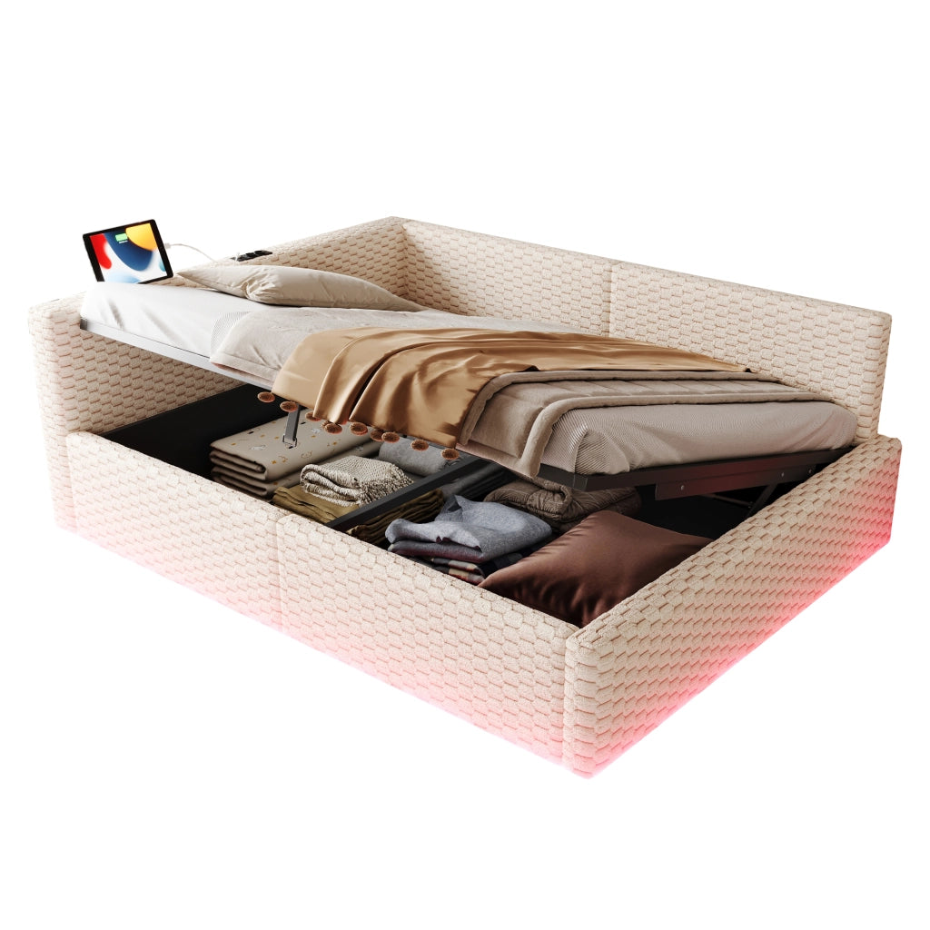Letto contenitore matrimoniale 140×200 cm con LED; USB e Type-C; velluto beige; senza materasso