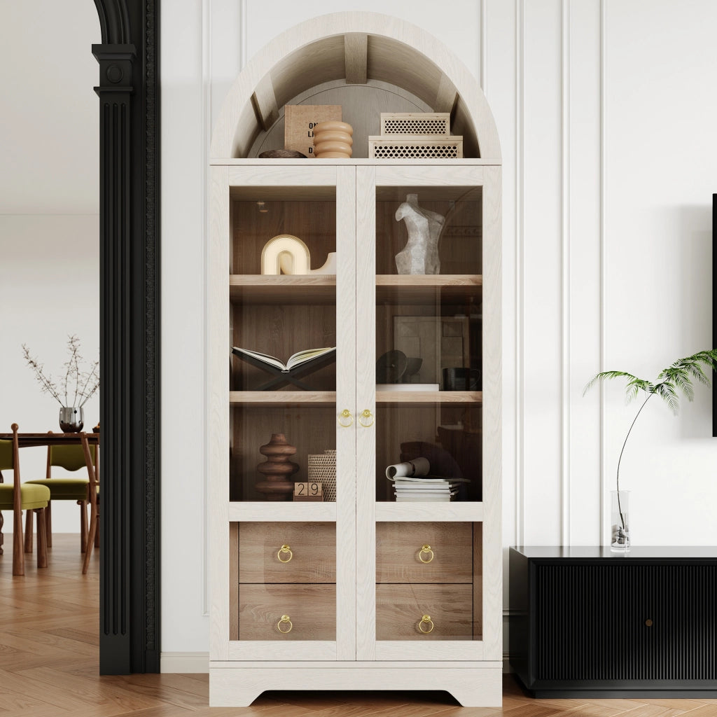 Credenza alta con 2 ante in vetro; 2 cassetti e ripiani regolabili per cucina; in MDF e vetro; 76.2×40.1×180 cm; bianco