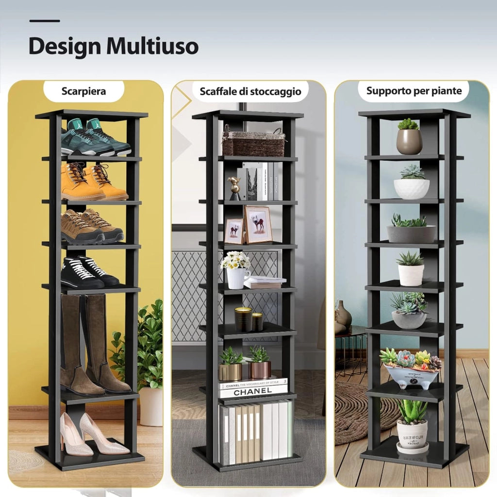 Scarpiera a 7 Ripiani, Scaffale Portascarpe in Legno con 2 Ripiani di Diverse Altezze, Scaffale Portaoggetti Multifunzione per Ingresso Soggiorno Camera da Letto, 28,5x25,5x110 cm (Nero)