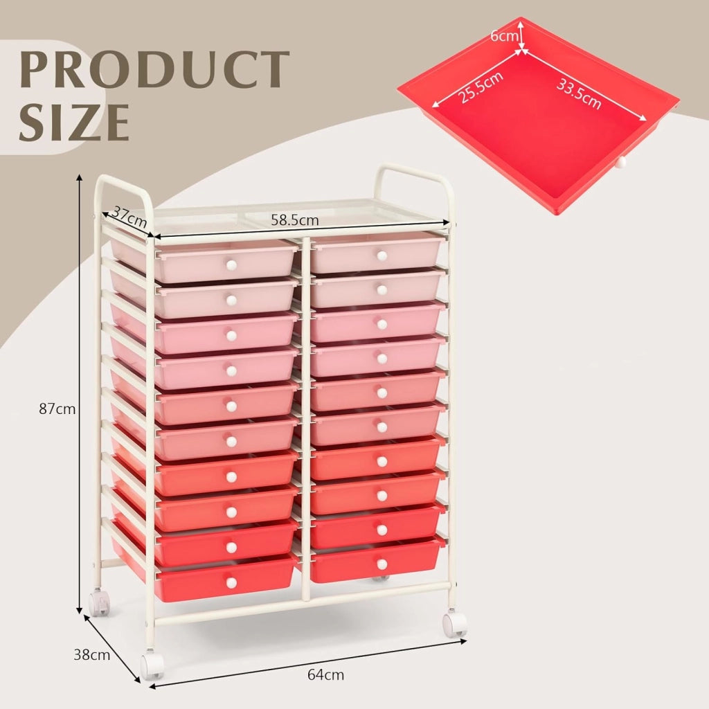Carrello con 20 cassetti, impilabile, per cassetti, da cucina, bagno, ufficio, 64 x 39 x 88 cm (rosso + rosa)
