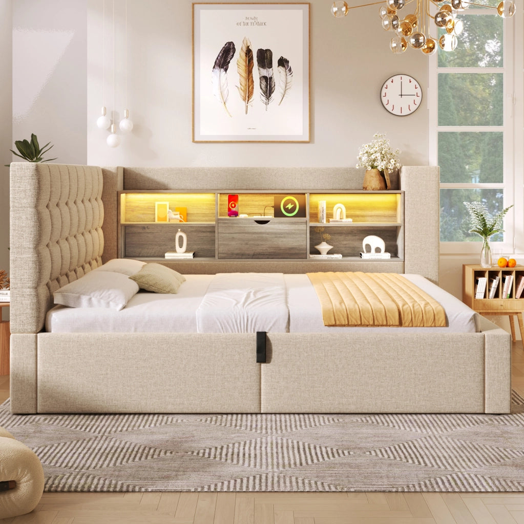 Letto 90x190 cm con LED; contenitore e porte di ricarica in lino beige