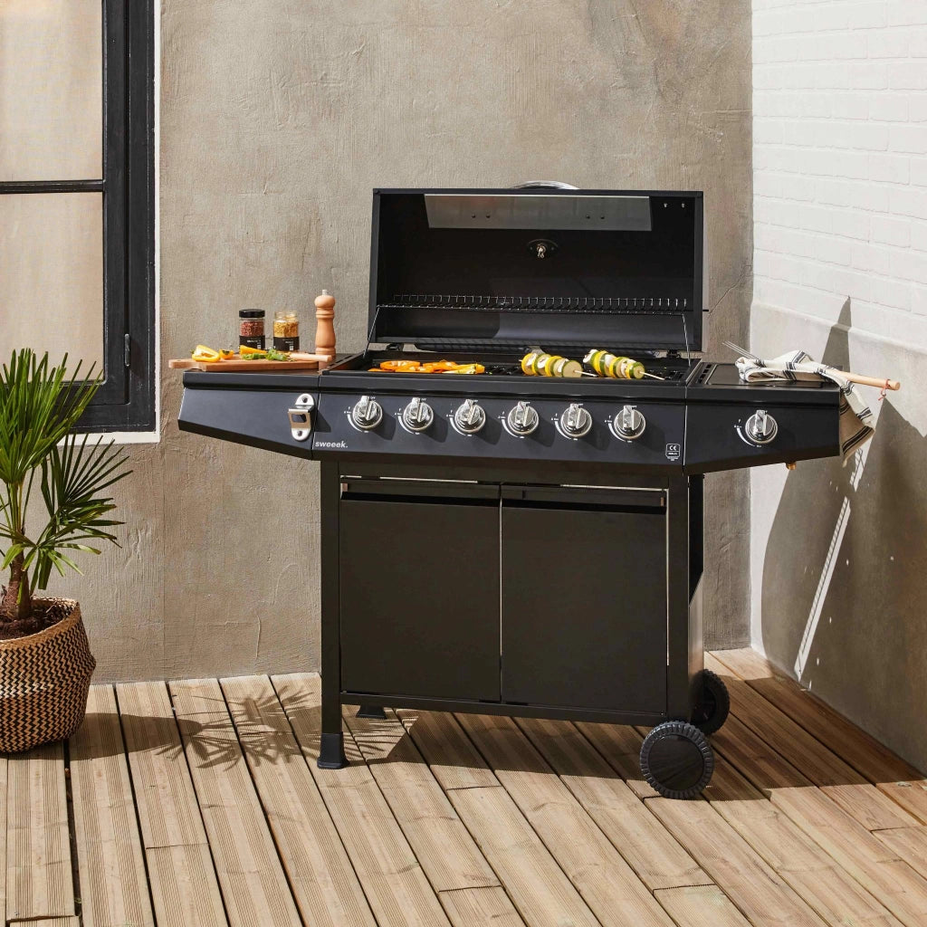 Barbecue a gas con 7 bruciatori di cui 1 laterale, nero