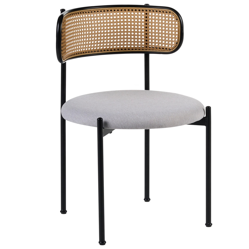 Set di 2 sedie da salotto con seduta in tessuto beige e struttura in metallo nero con effetto legno chiaro treccia viennese stile retrò soggiorno