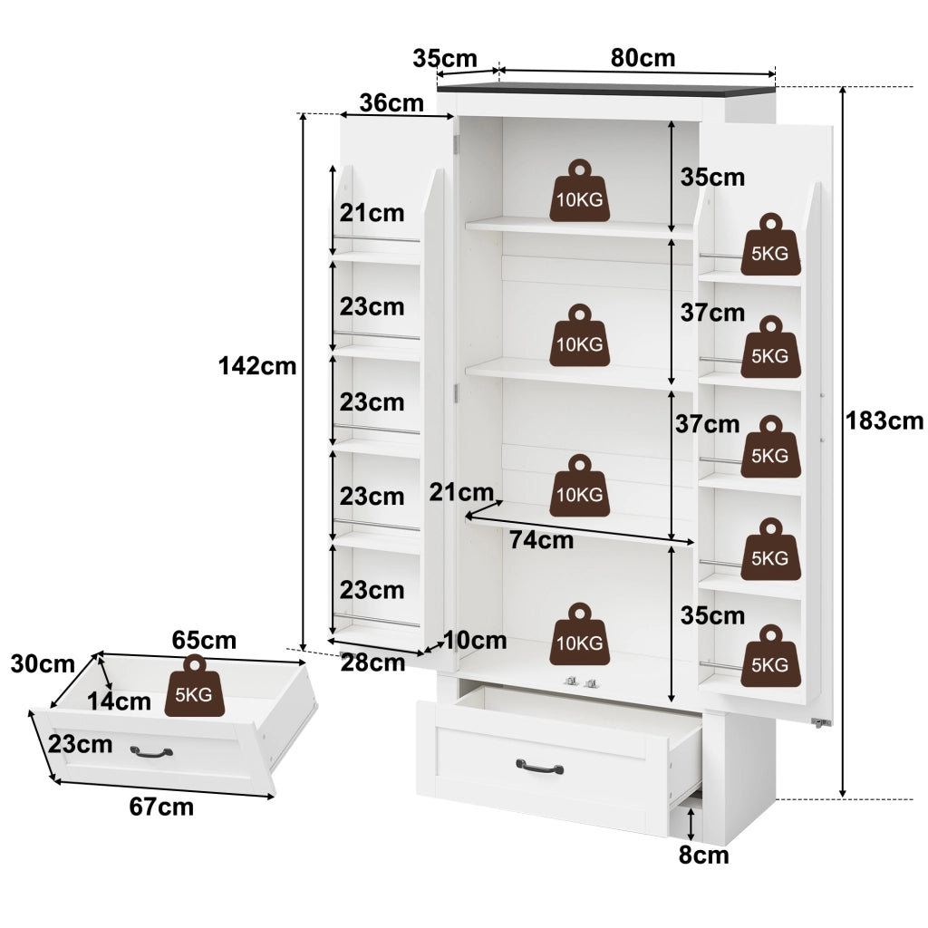 Armadio da cucina 80x35x183 cm con 2 ante e cassetto in MDF bianco