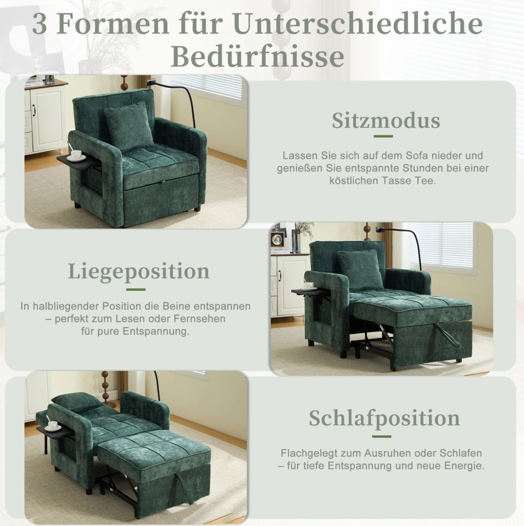 Poltrona letto 2 in 1 convertibile in chenille verde; 167 x 79 x 83 cm; con poggia-braccio