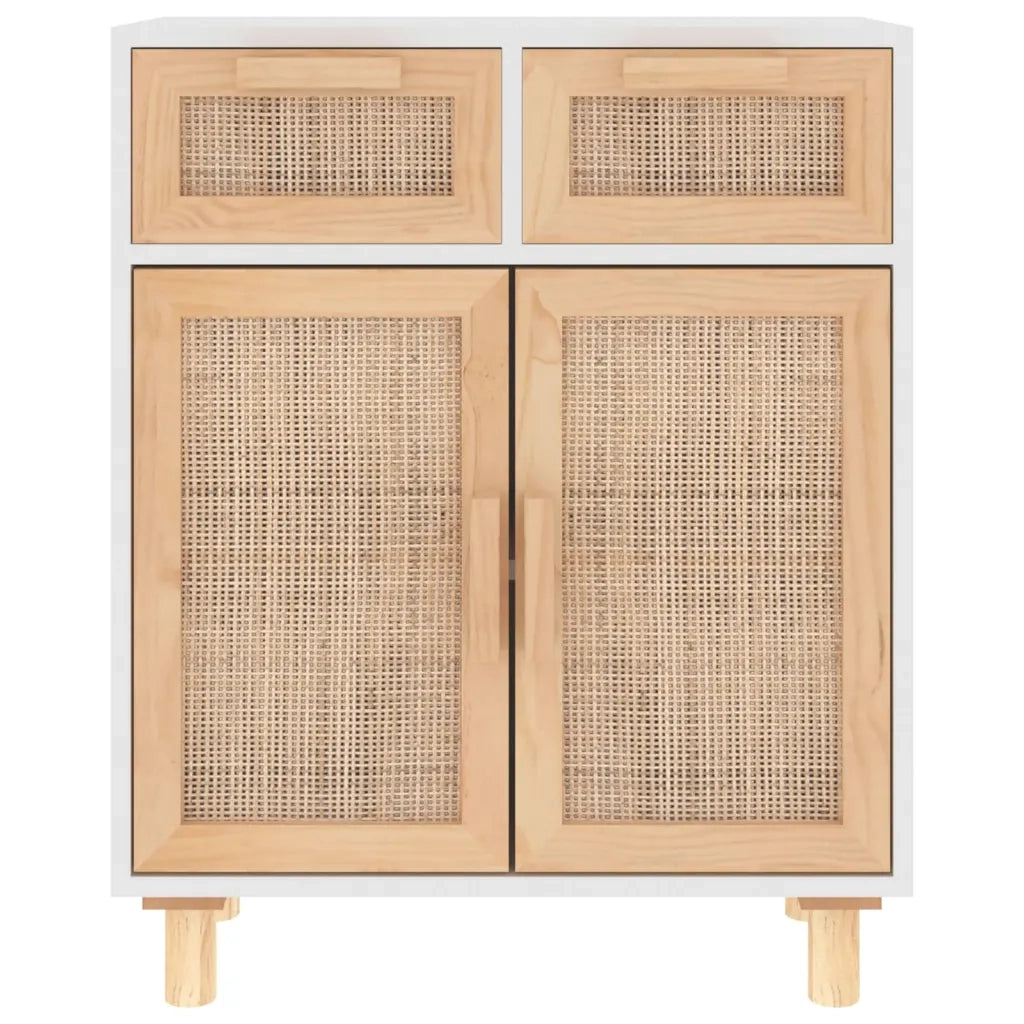 Credenza Bianca 60x30x75 cm Legno Massello Pino Rattan Naturale cod mxl 17961