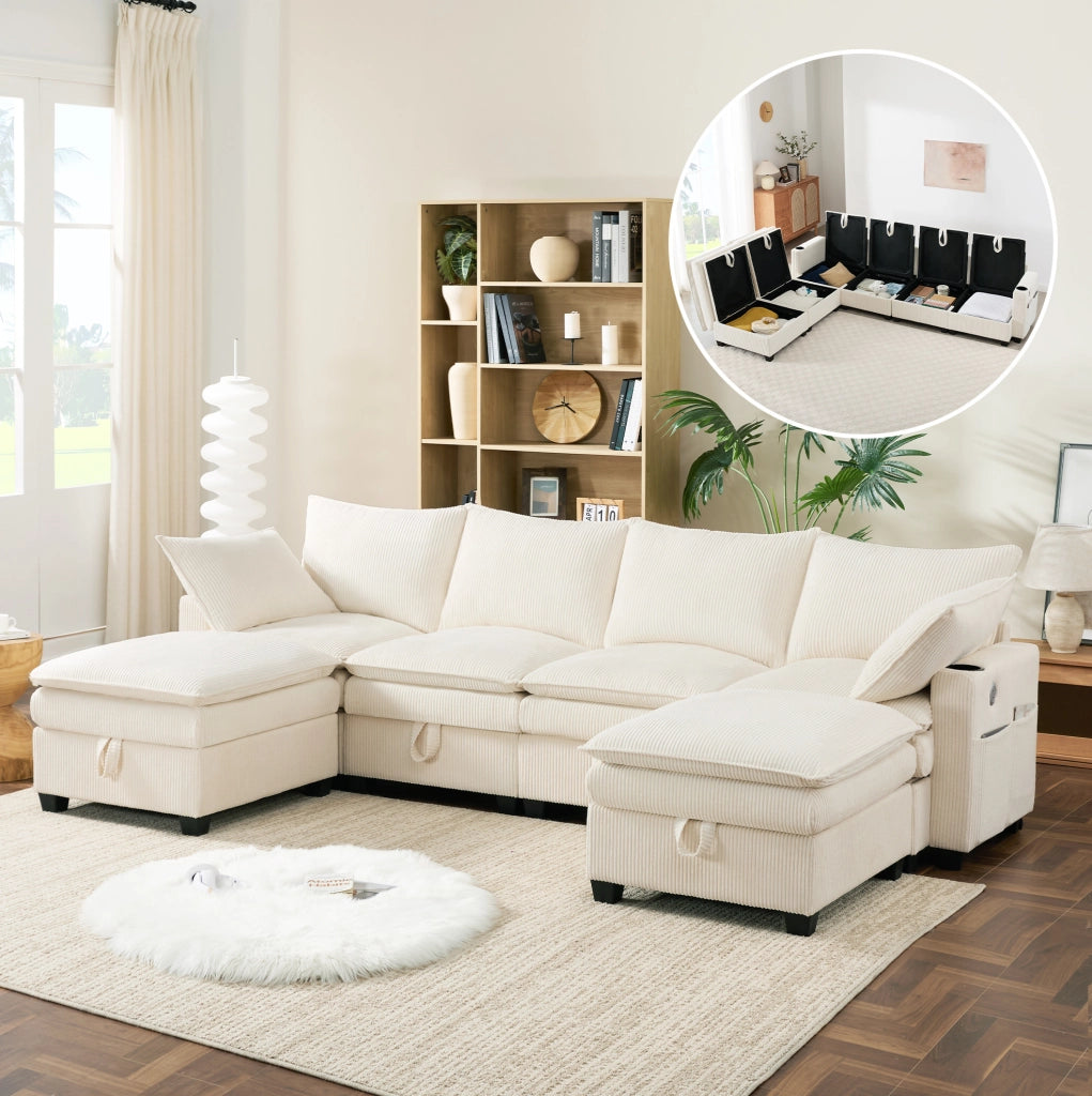Divano modulare 6 posti in velluto a coste beige con USB