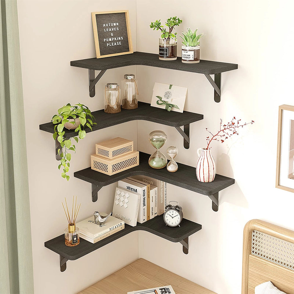 Set 4 Mensole in Legno Nero da Parete Scaffalatura Muro Salvaspazio 41x14x29cm