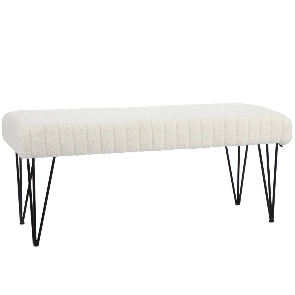 Panca Fondoletto in Tessuto Effetto Ciniglia Gambe a Forcina in Metallo 118,5x46x49,5 cm Crema