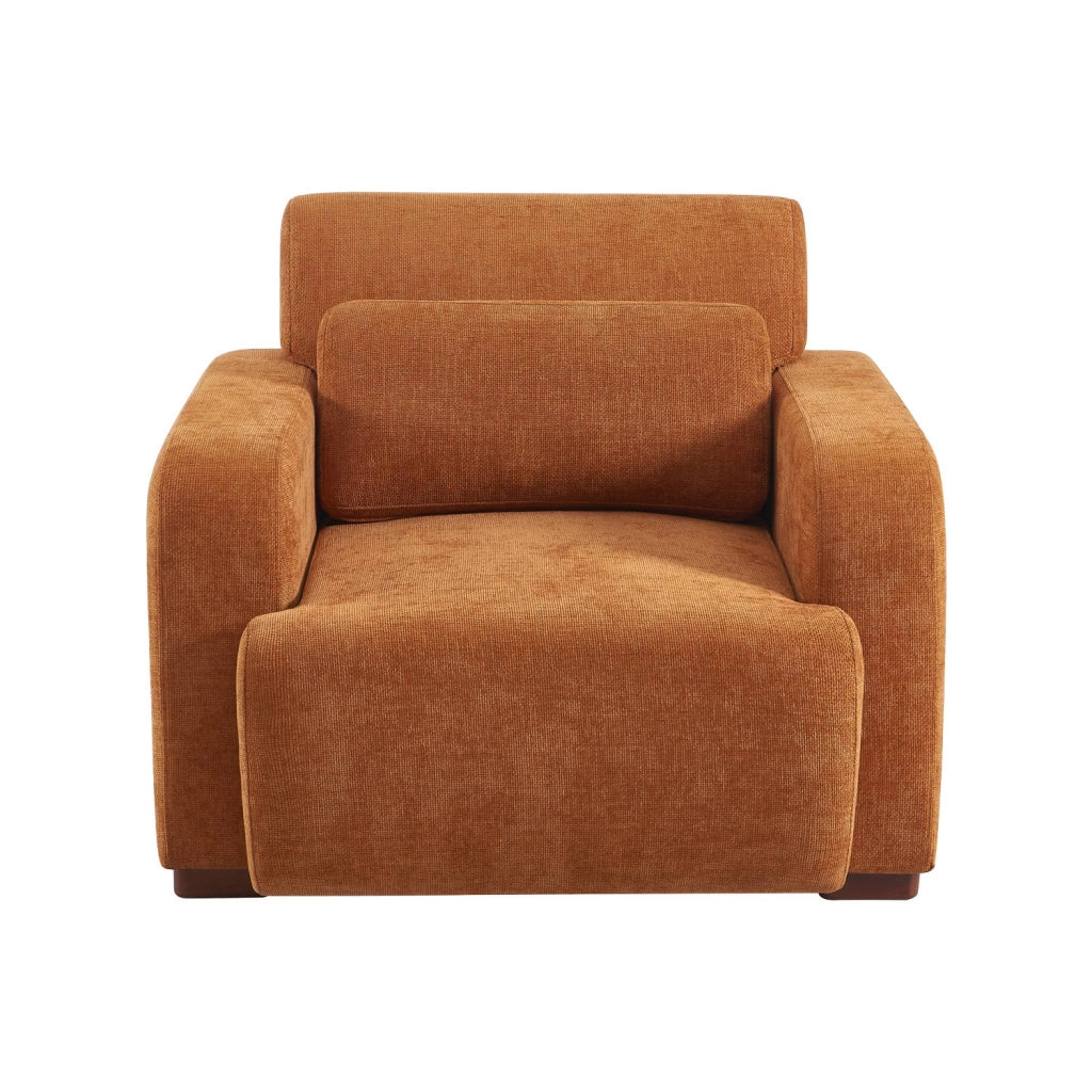 Poltrona in tessuto con gambe in legno di hevea, ruggine