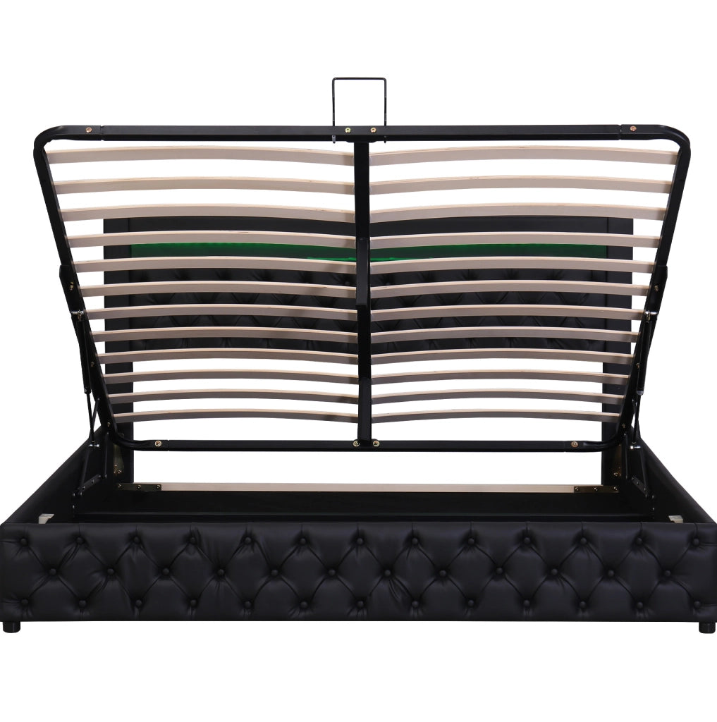 Letto imbottito 140x200 cm con contenitore e LED; in PU nero