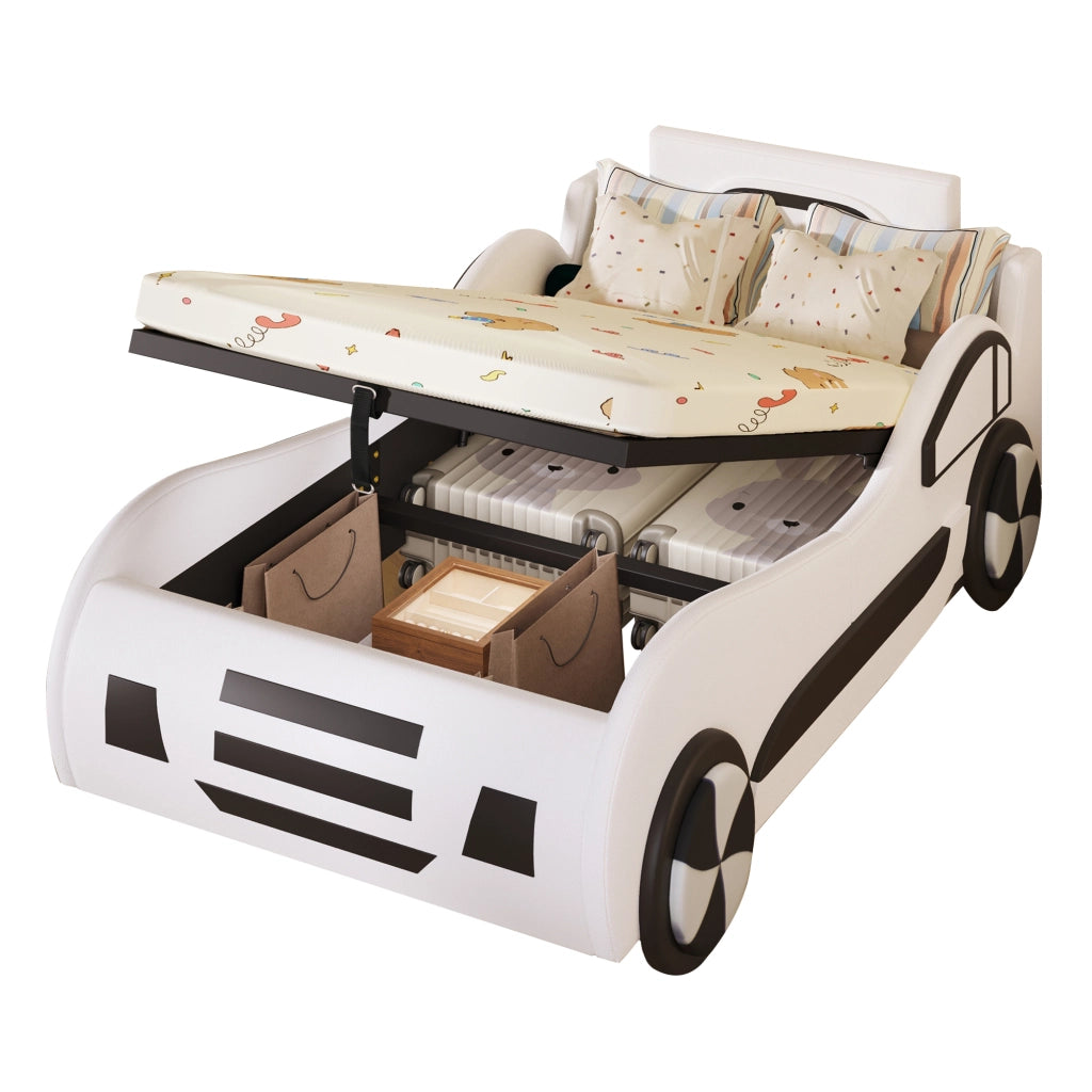 Letto auto per bambini 90 x 200 cm con rete a doghe e contenitore idraulico; MDF e PU; bianco