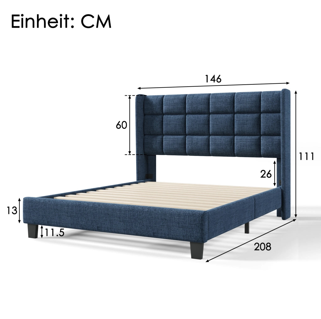 Letto matrimoniale imbottito 140x200 cm in lino blu con testiera alta e rete a doghe
