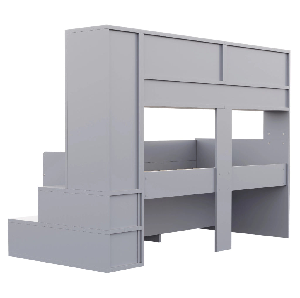 Letto a soppalco per bambini 90x200 cm con armadio; vani contenitore; LED e barriera; grigio