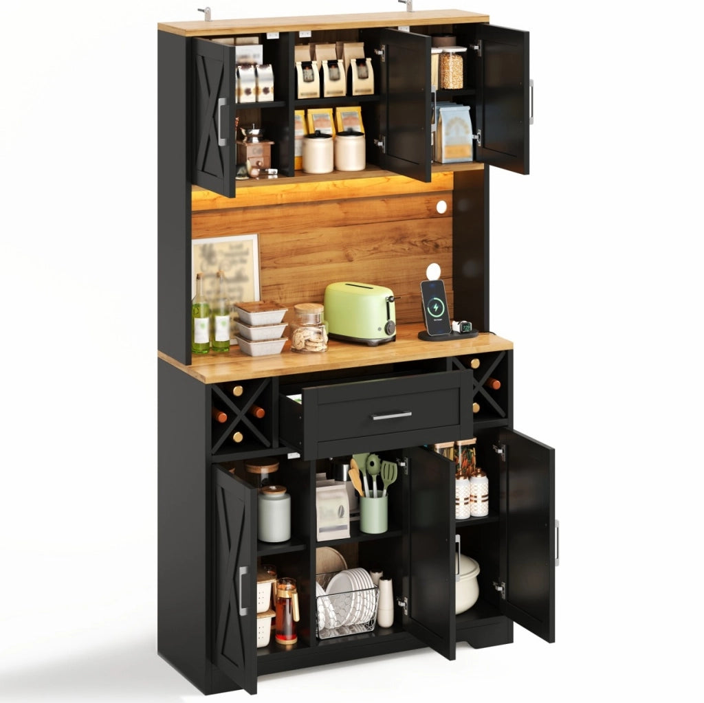 Credenza alta da cucina con LED RGB e presa 105x40x180 cm in MDF; naturale e nero