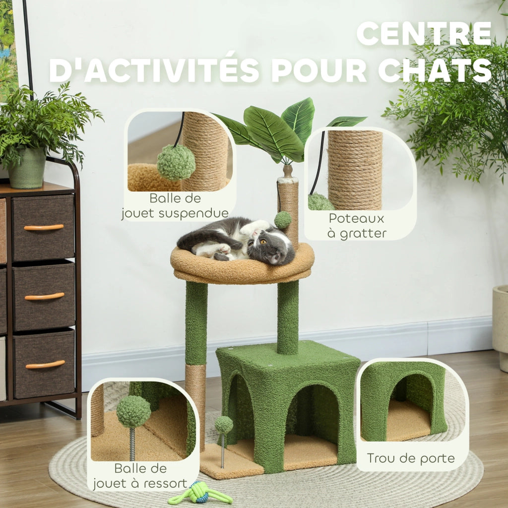 Tiragraffi per gatti con cuccia, palline e foglie artificiali ¨C Xylo ¨C 44x30x98 cm verde