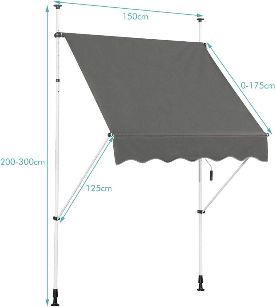 Tenda da Sole per Esterno, Tenda da Sole a Bracci Estensibili con Struttura Telescopica e Tessuto Resistene ai Raggi Solari, Regolabile in Altezza e in Angolazione (150 x 120 cm Grigio)