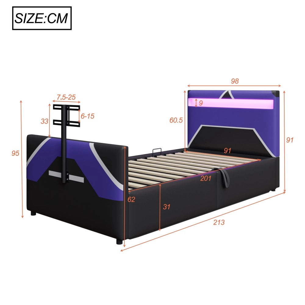 Letto Singolo Gaming 90x200 con LED, Contenitore Idraulico e Supporto TV ¨C Xylo ¨C PU Nero