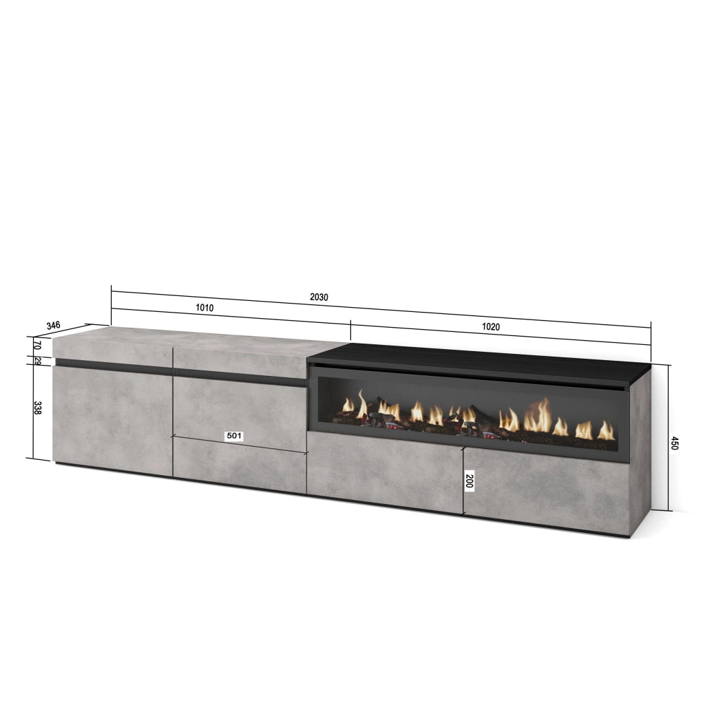 Mobile TV, 200x35x45cm, soggiorno, Per TV fino a 80", Camino elettrico, grigio cemento RF2229