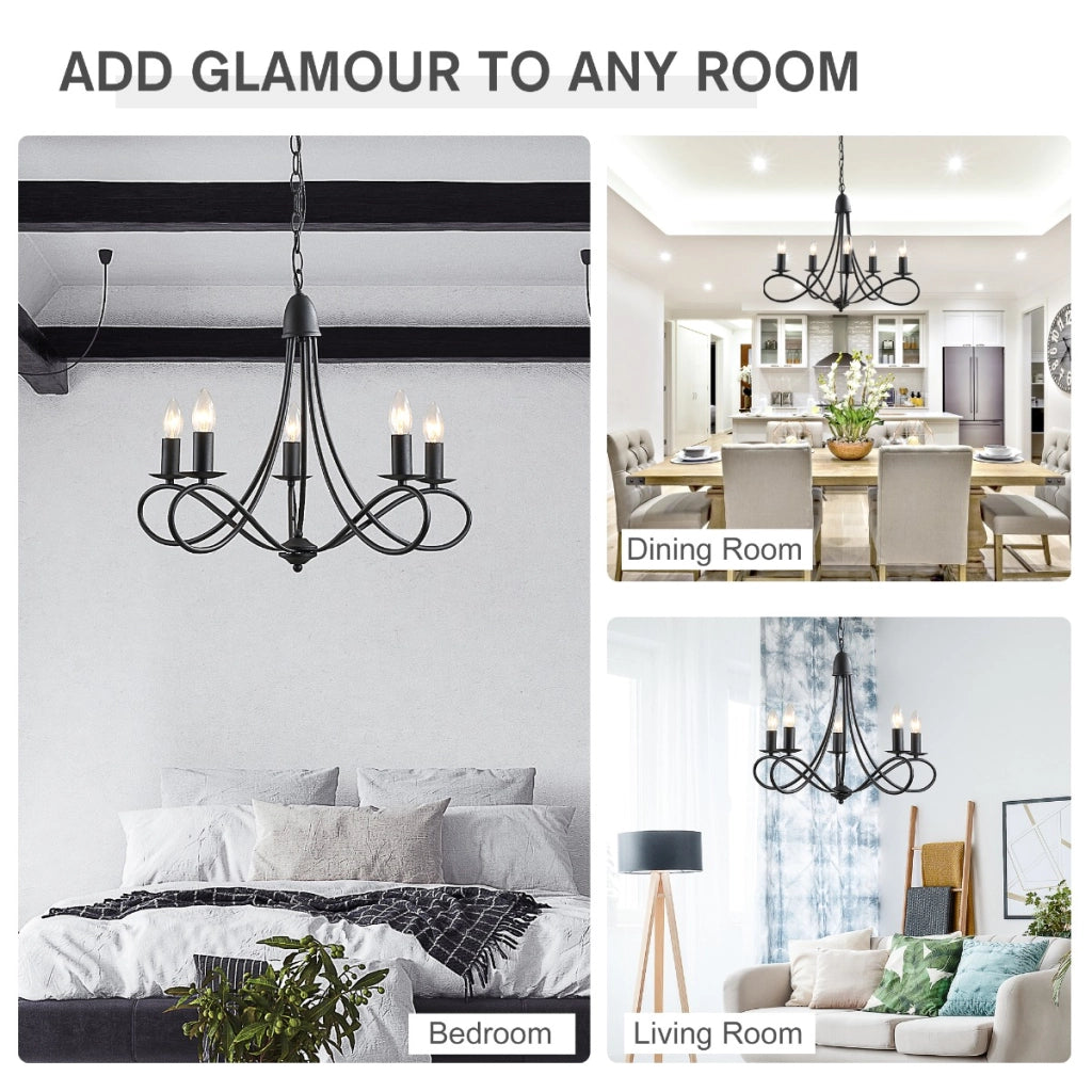 EasyComfort Lampadario a Soffitto Stile Rustico, Acciaio Intrecciato Nero con 5 Candelieri Regolabili e Pieghevoli Ф58 x 45cm