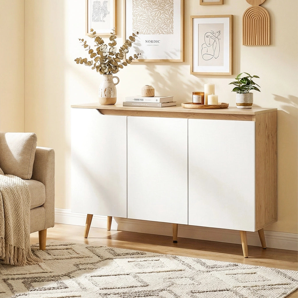 Credenza Moderna 107x35x76,5 cm a 3 Ante con 3 Ripiani Regolabili e 5 Gambe in Legno Bianco e Rovere