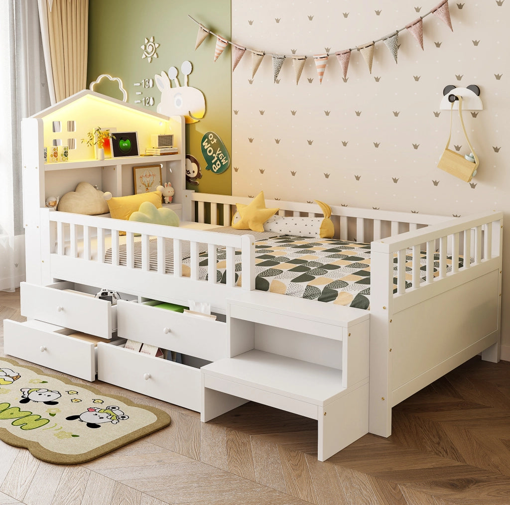 Letto per bambini 90x200 cm con 4 cassetti; LED; USB e USB-C; bianco
