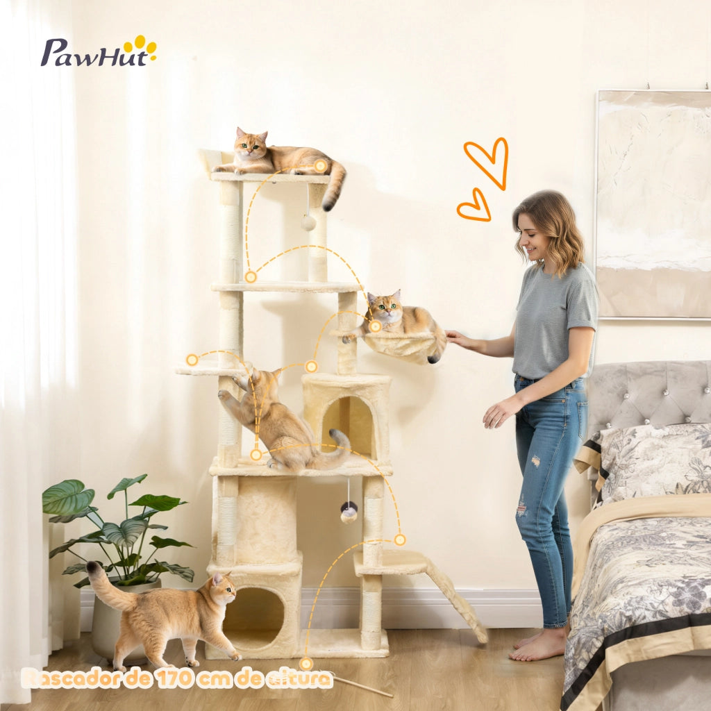 Albero tiragraffi per gatti con piattaforme, tunnel e amaca ¨C zephmum ¨C 170 cm, beige