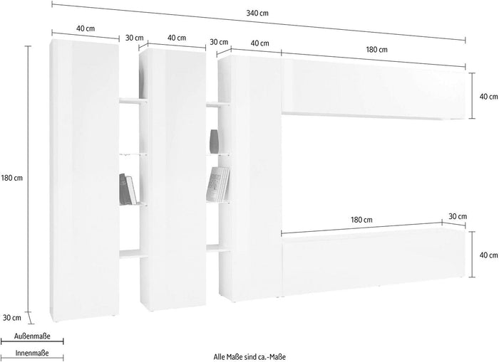 Parete Attrezzata Soggiorno 340x30x180 cm Maruska n°5 Bianco Lucido