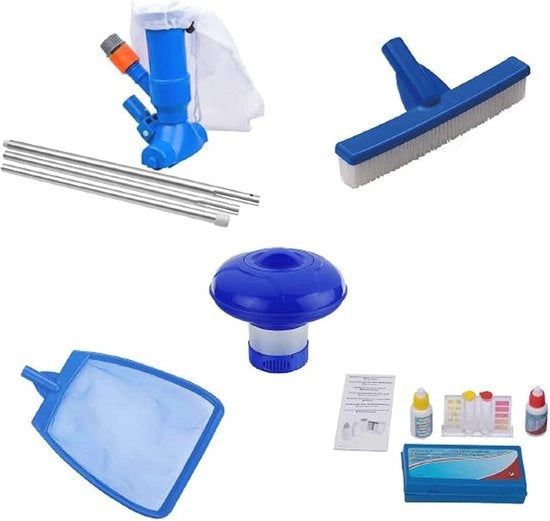 Kit di accessori per piscina 5 pezzi con spazzola per fogli, dosatore, aspirapolvere per fondo, setaccio e kit di test per cloro e pH.