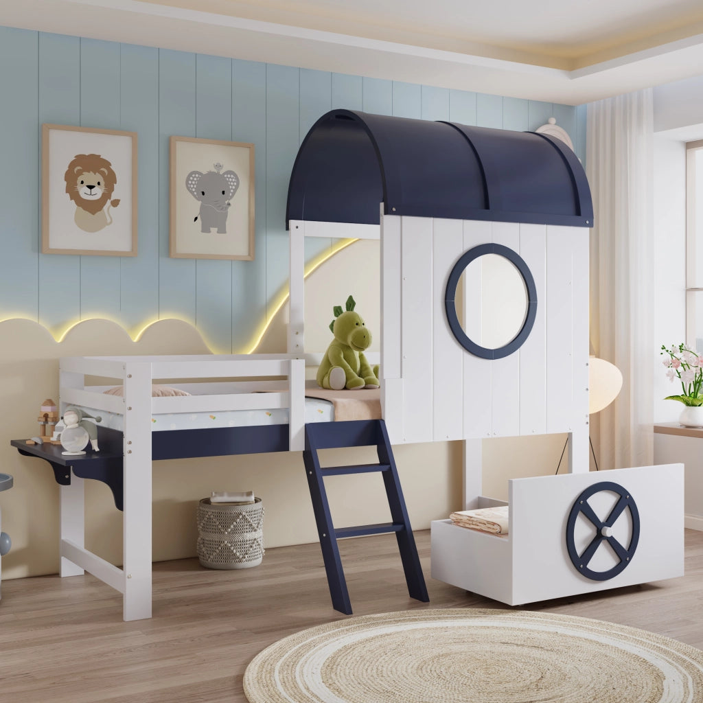OKWISH Letto a Soppalco 90×200 cm, Letto Singolo con Cassetto con Ruote, Scala Inclinata e Tetto, senza Materasso, Bianco e Blu Scuro