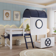 OKWISH Letto a Soppalco 90×200 cm, Letto Singolo con Cassetto con Ruote, Scala Inclinata e Tetto, senza Materasso, Bianco e Blu Scuro