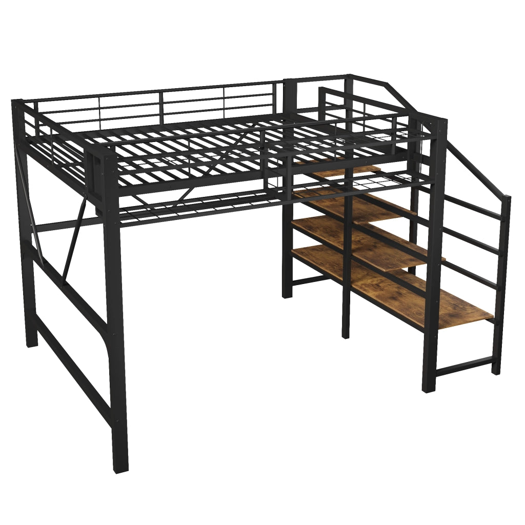Letto a soppalco 140x200 cm con scaffale a gradini, vano aperto, cestello contenitore e LED, nero
