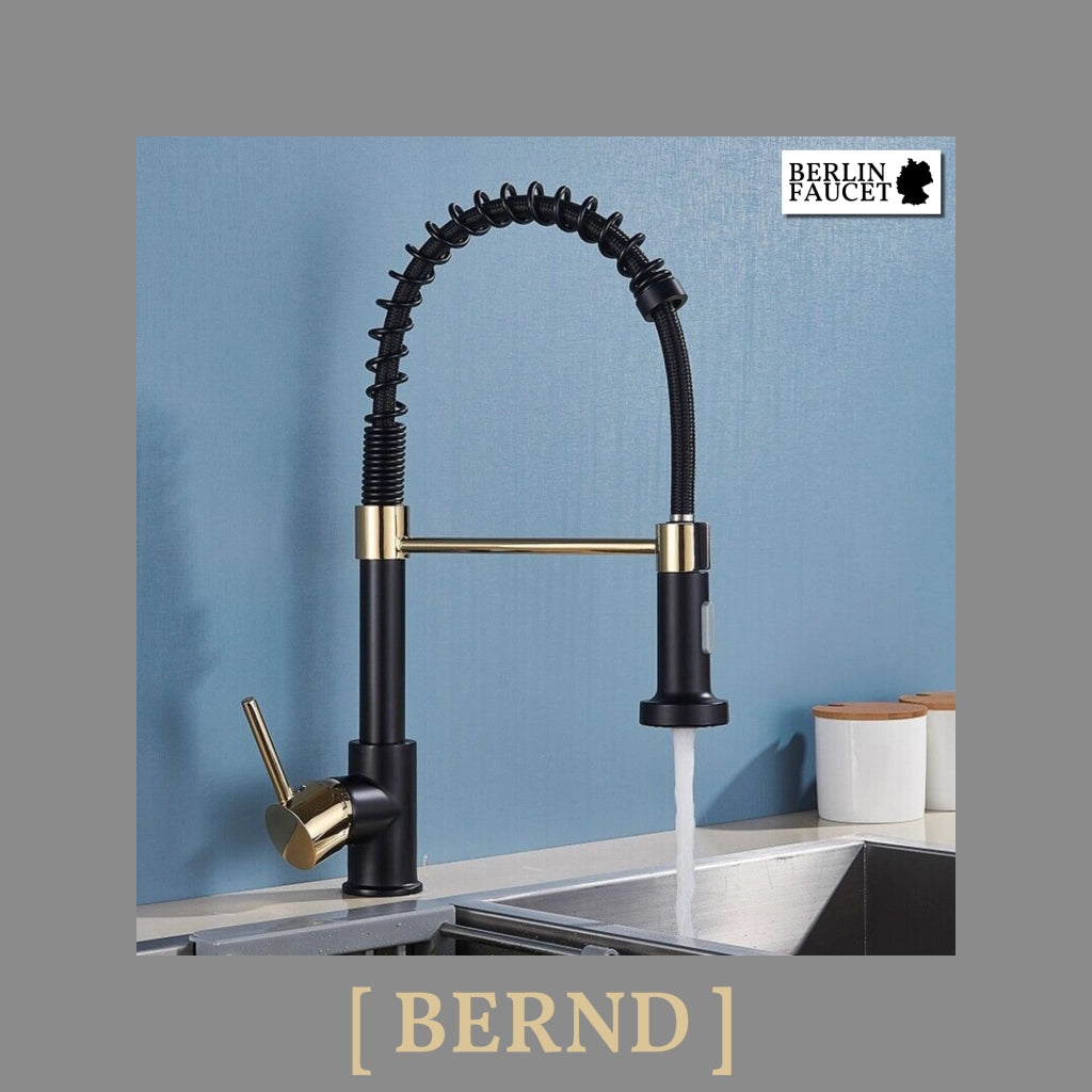 Bernd | Rubinetto Flessibile Catering Black Gold |da cucina in acciaio inossidabile|miscelatore può essere ruotato  360 gradi Alta pressione 2 porte
