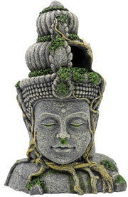 Decorazione per Acquario Buddha - Ornamento a Cera - Grotta Nascosta - Piantine Verdi - 27,5 x 18 x 10 cm - Materiale Ecologico - Ornamento per Acquario