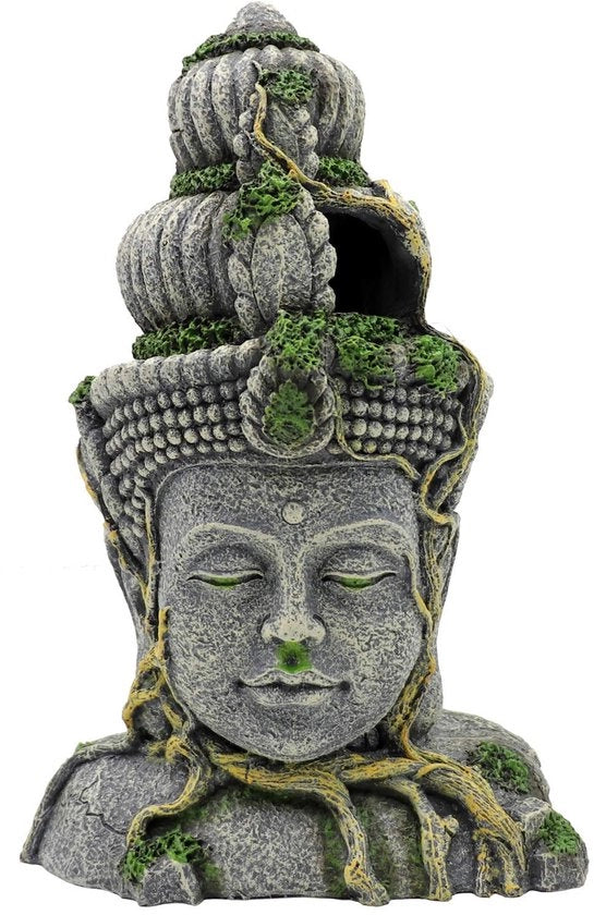 Decorazione per Acquario Buddha - Ornamento a Cera - Grotta Nascosta - Piantine Verdi - 27,5 x 18 x 10 cm - Materiale Ecologico - Ornamento per Acquario