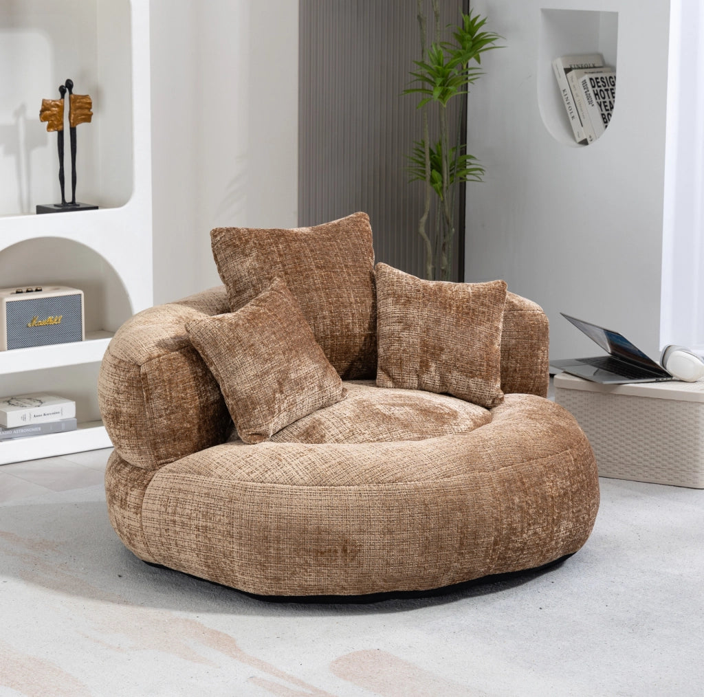 Poltrona lounge a sacco in chenille marrone; 108 x 108 x 52 cm; con braccioli e schienale alto